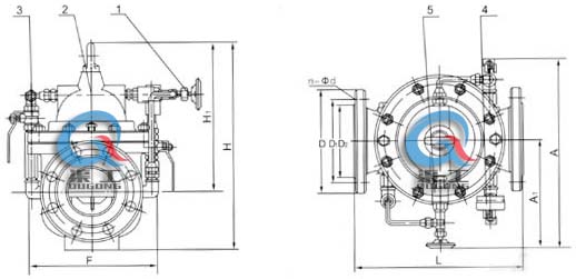 300X緩閉止回閥 外形結(jié)構(gòu)圖 (1、針閥2、主閥3、球閥4、壓力表5、單向閥）